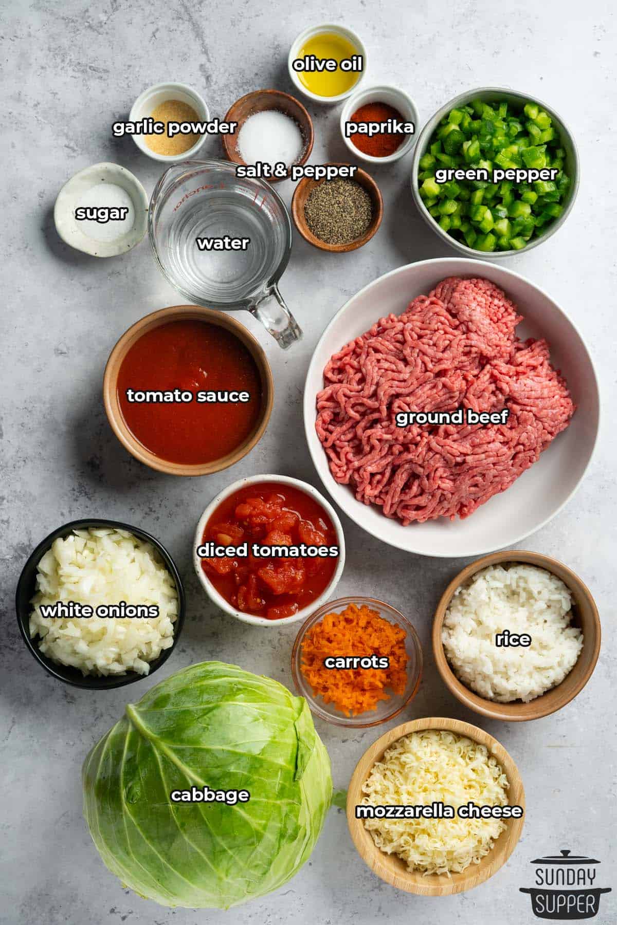 cabbage casserole ingredients with labels