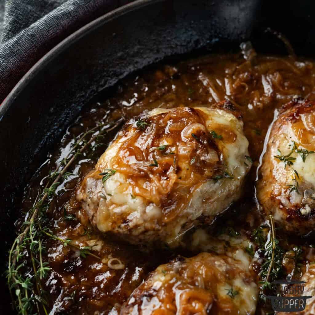 close up of 1 French onion pork chop