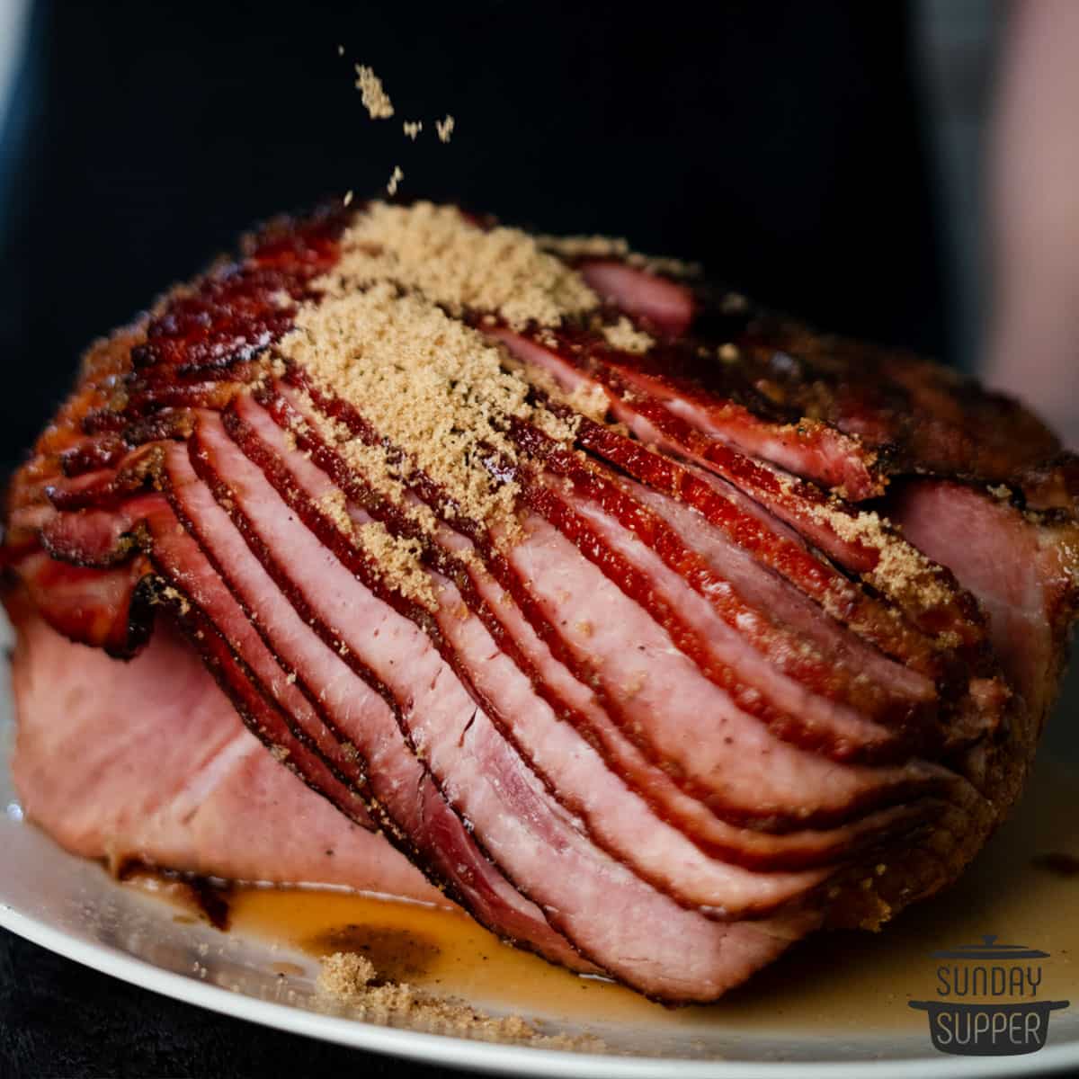 close up of grilled ham on a serving platter