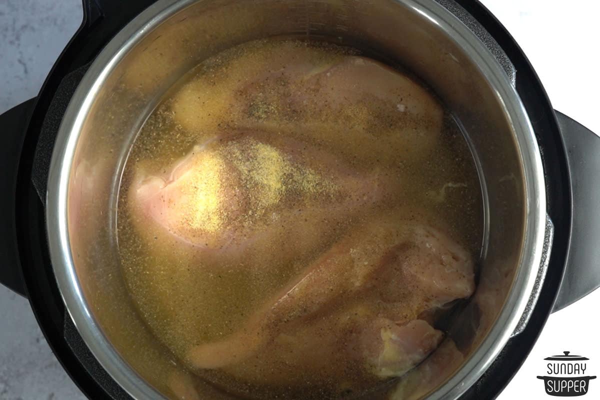 chicken and seasoning inside of the instant pot, before cooking