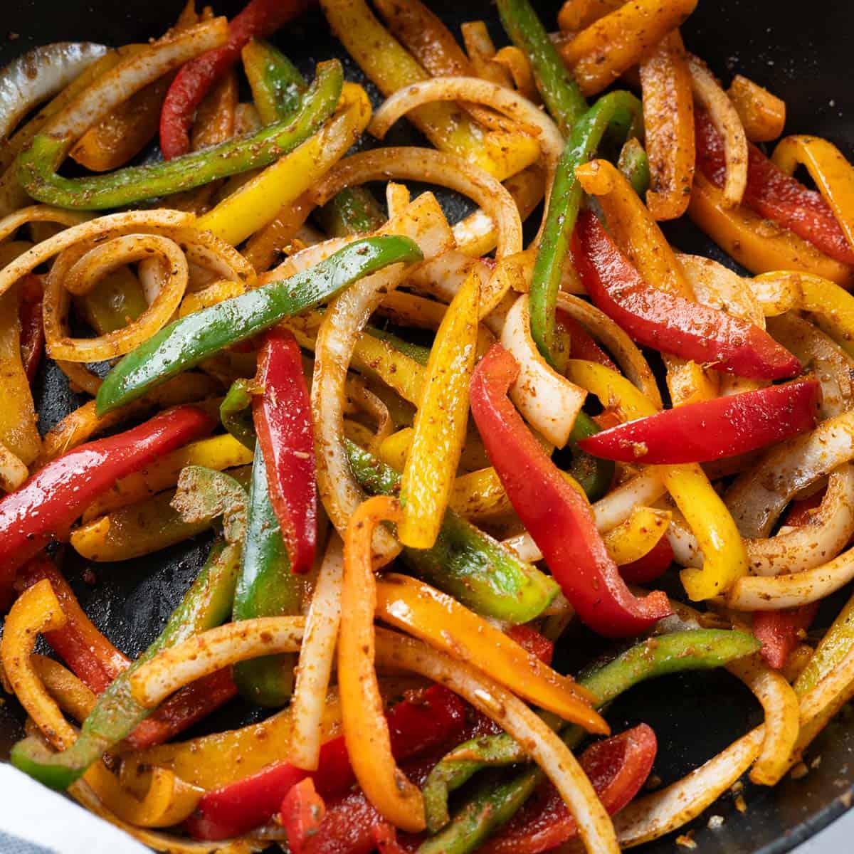 fajita veggies in a pan closeup