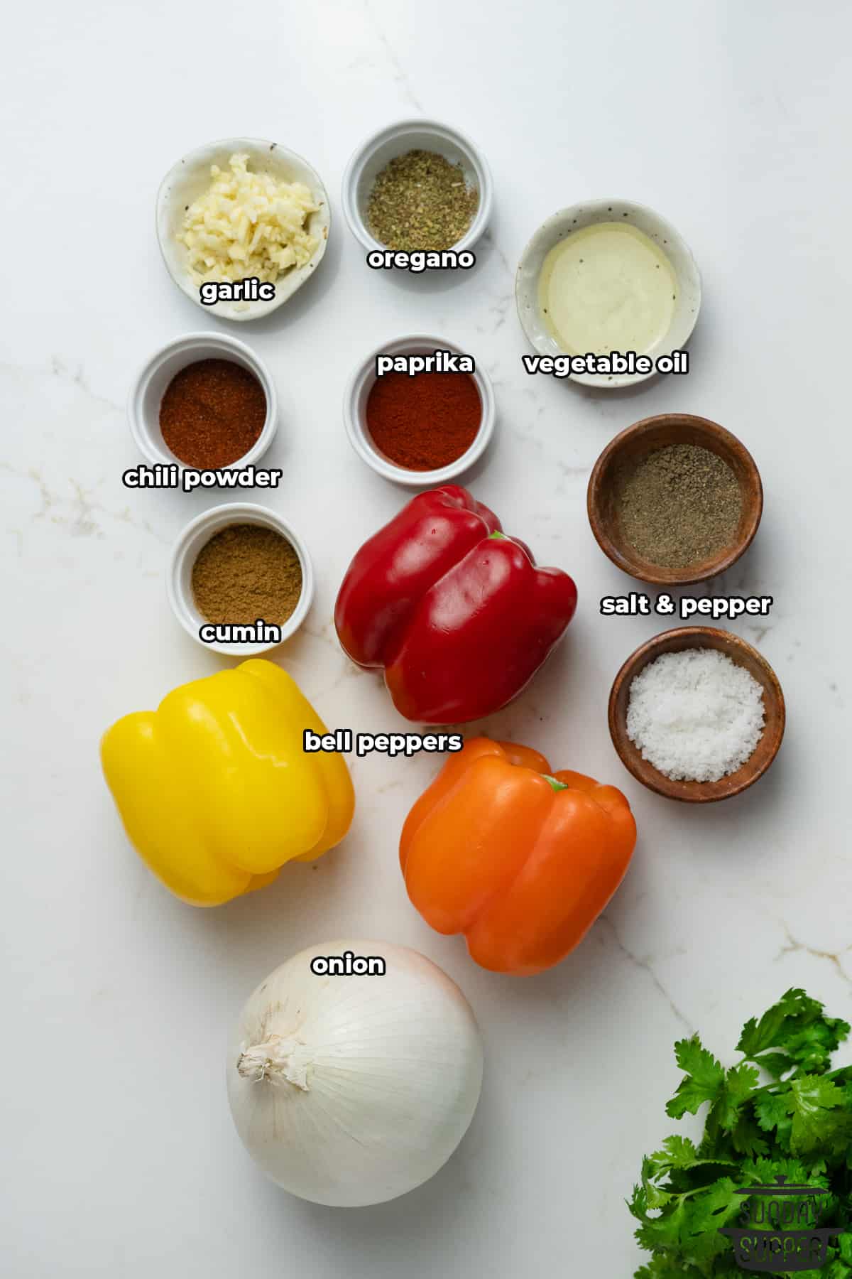 all the ingredients for fajita veggies with labels