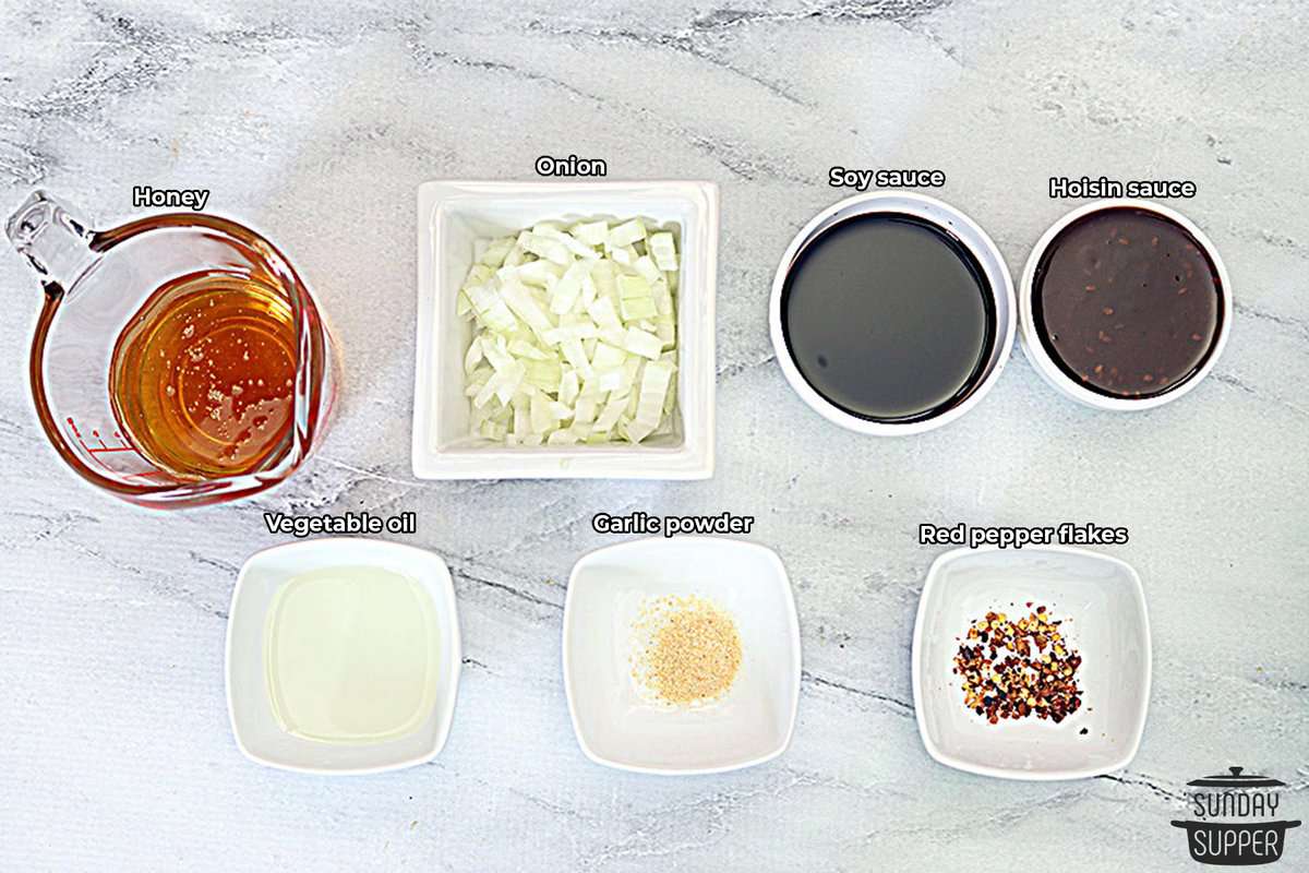 Honey sesame chicken ingredients with labels
