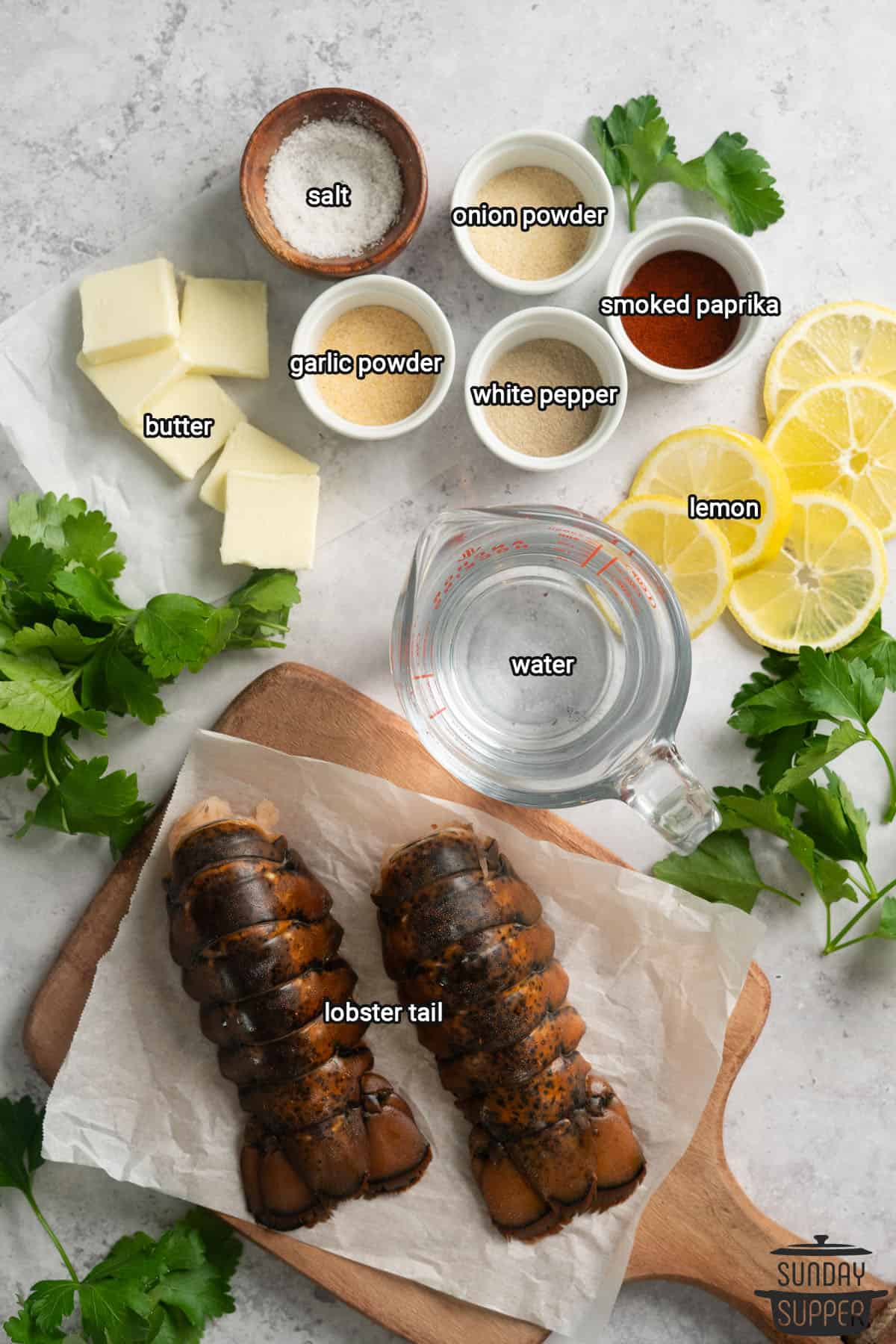 all the ingredients for instant pot lobster tails with labels