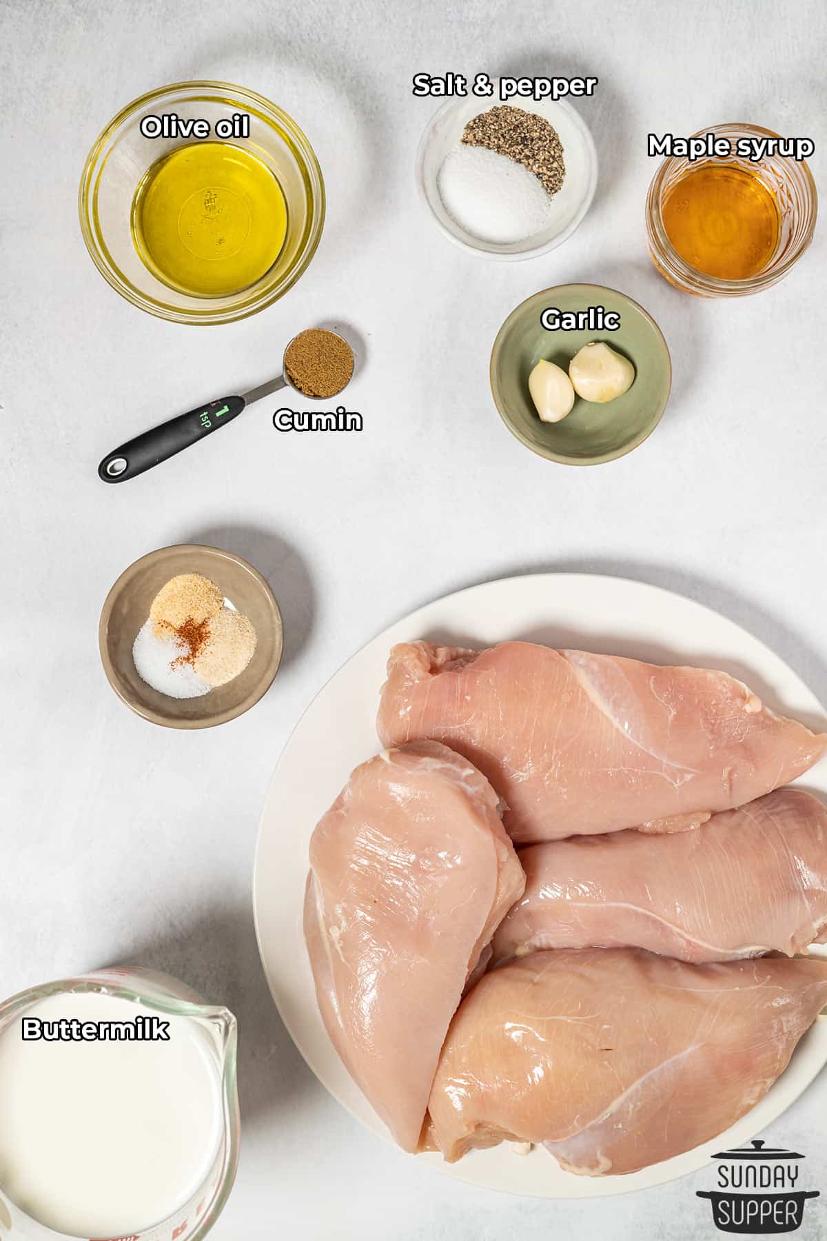 all the ingredients for buttermilk marinade with labels