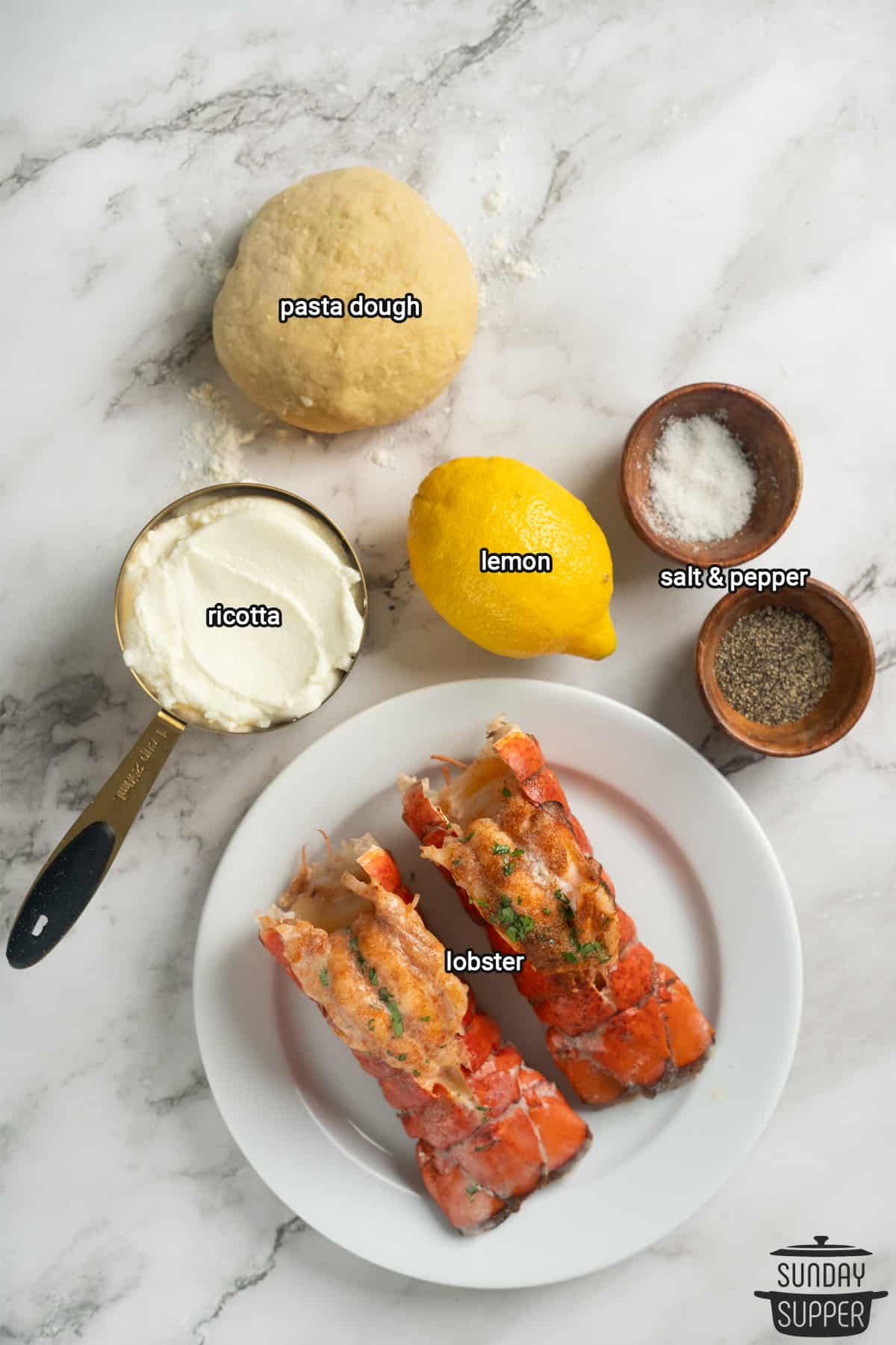 ingredients to make lobster ravioli with labels