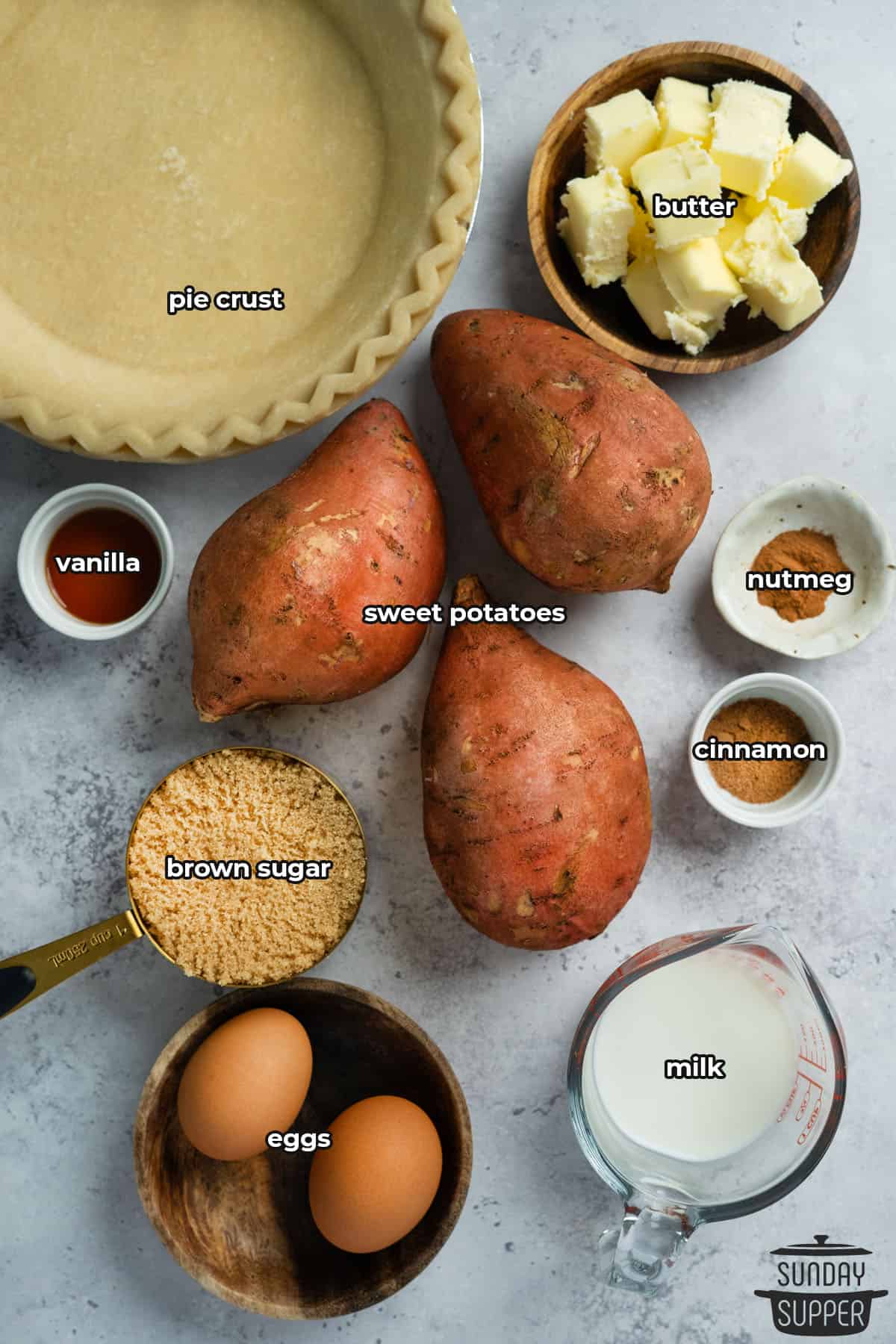 all the ingredients for southern sweet potato pie with labels