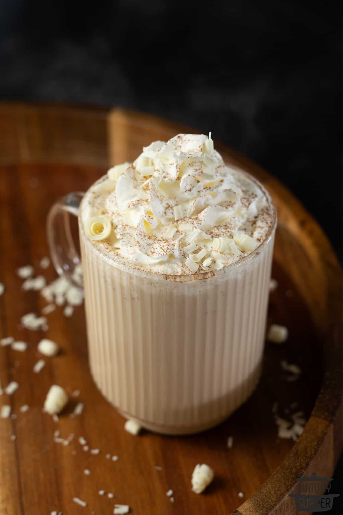 white chocolate mocha in a clear mug