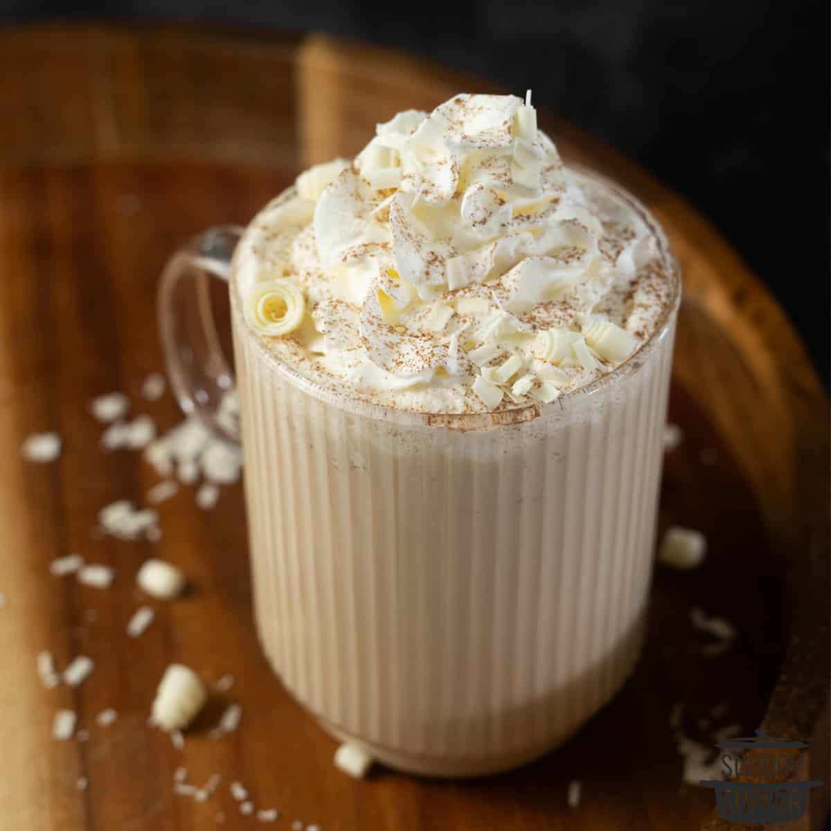close up of white chocolate mocha in a clear mug