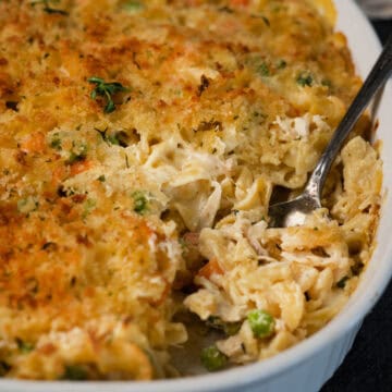 a closeup of a spoon full of chicken noodle casserole in a dish