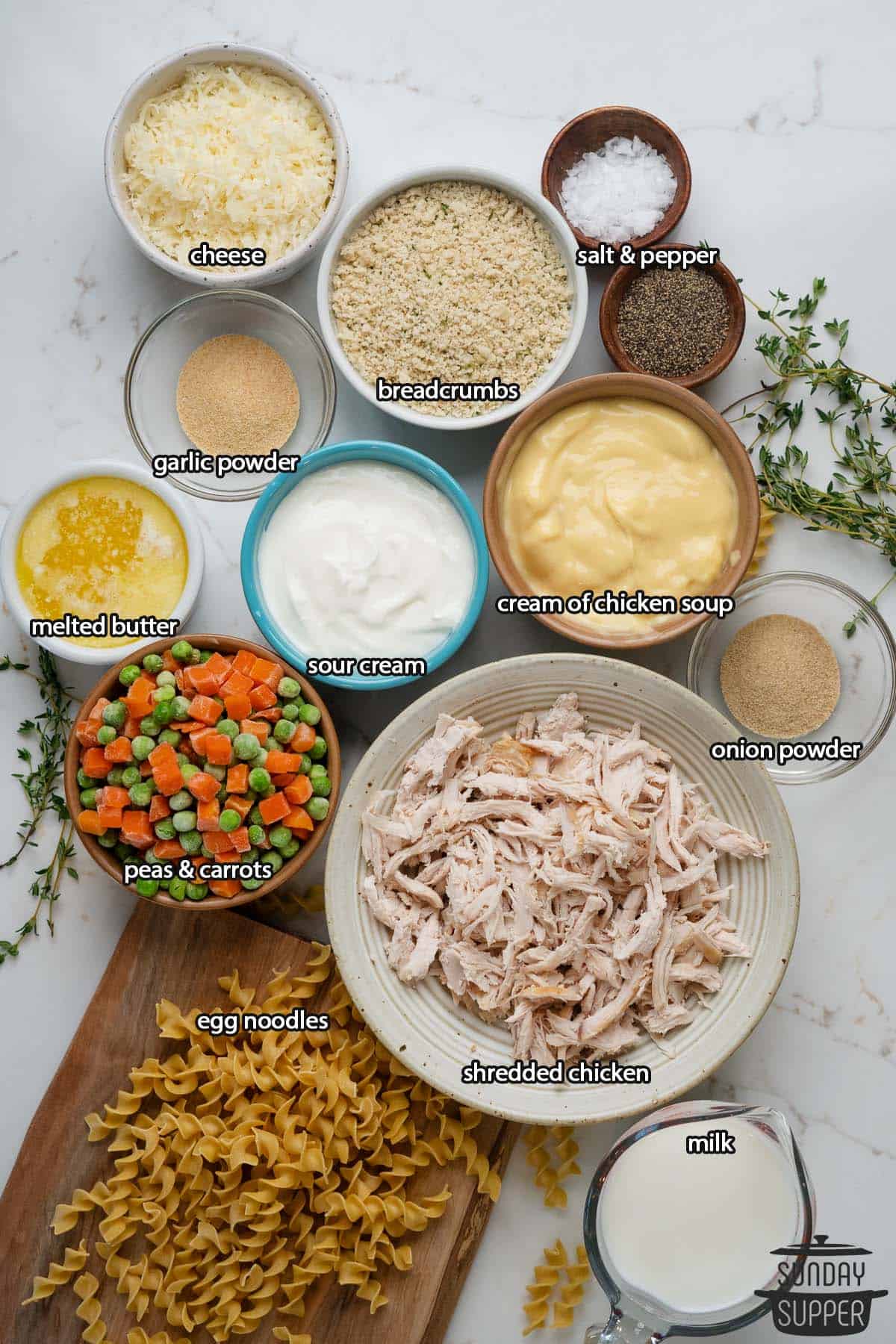 all the ingredients for chicken noodle casserole with labels