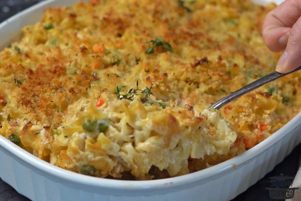 the baked and completed chicken noodle casserole