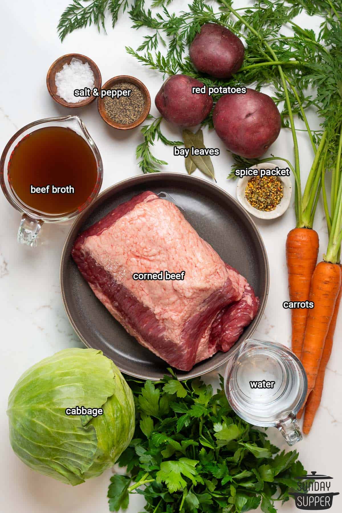 all the ingredients for corned beef with labels