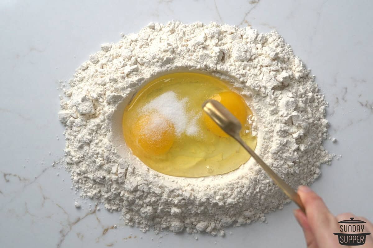 the salt added to the eggs in the flour
