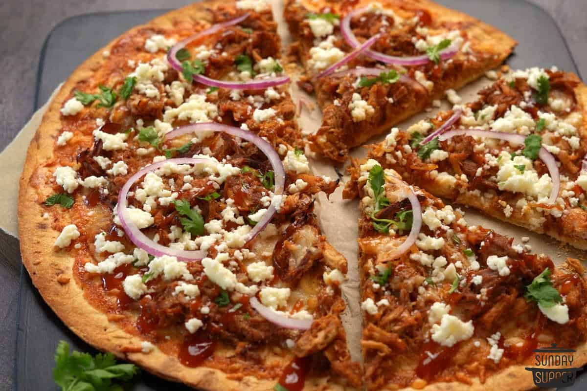 pulled pork pizza decorated with my favorite toppings