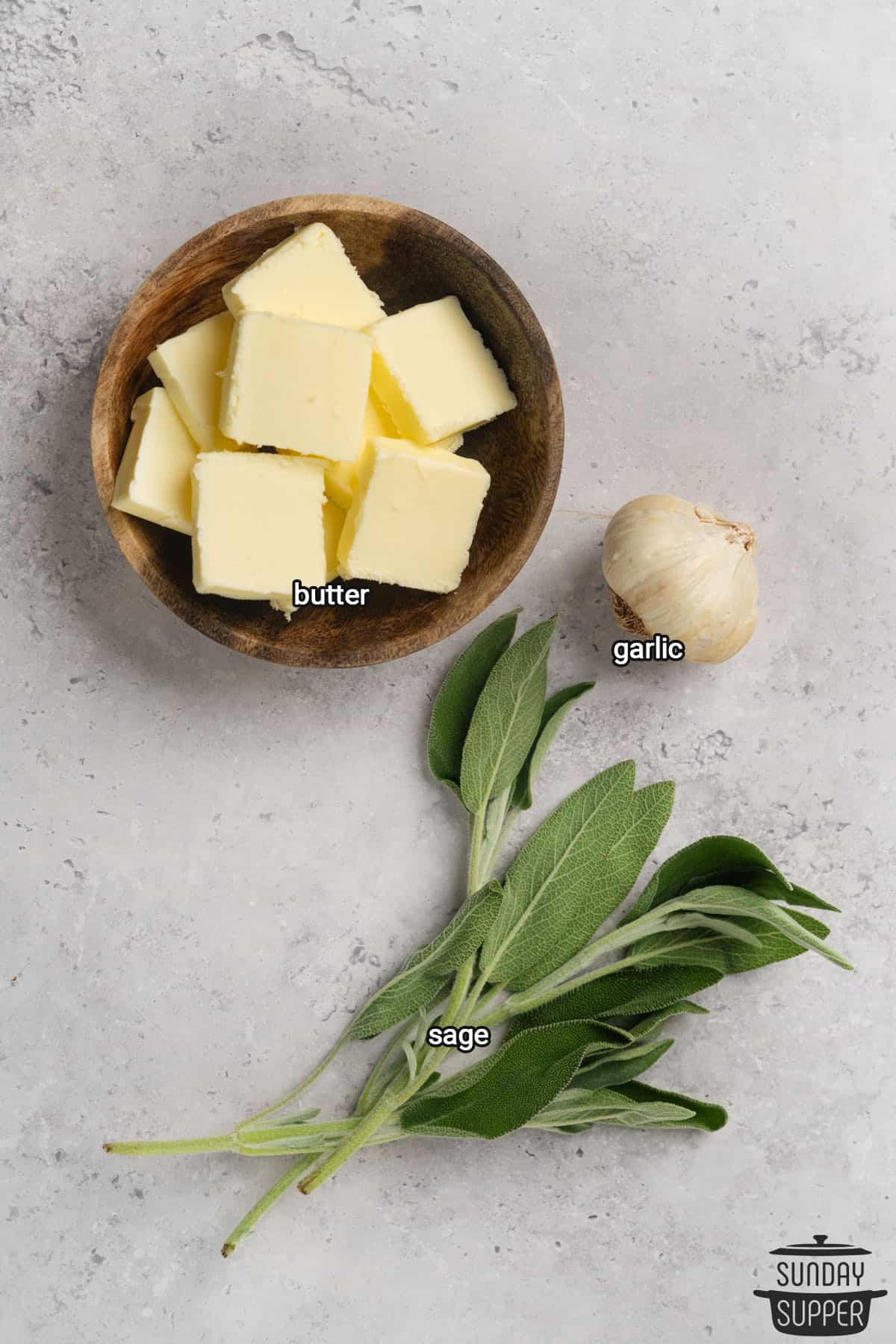 ingredients to make sage butter sauce with labels