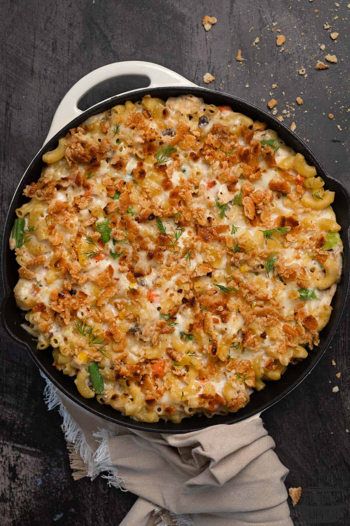 a fully baked tuna noodle casserole in a baking pan