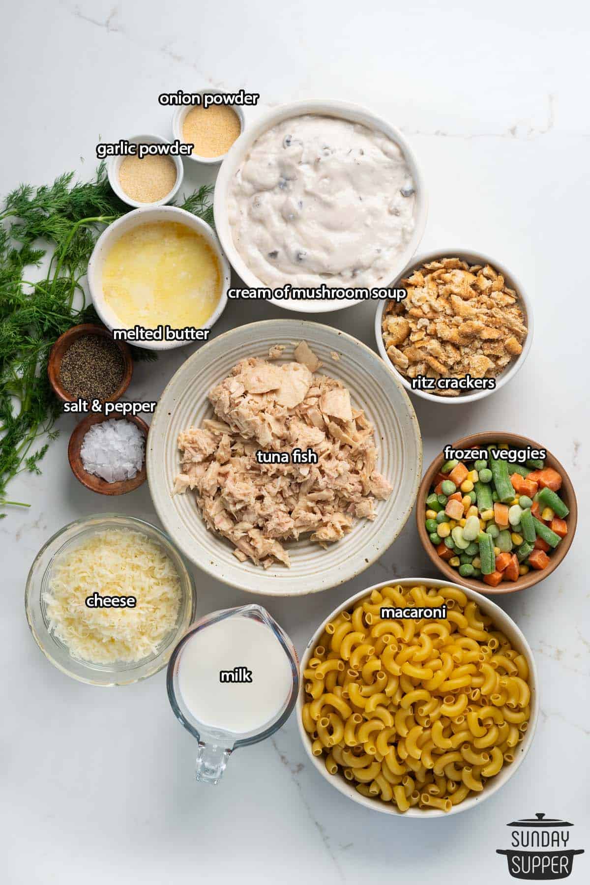 all the ingredients for tuna noodle casserole with labels