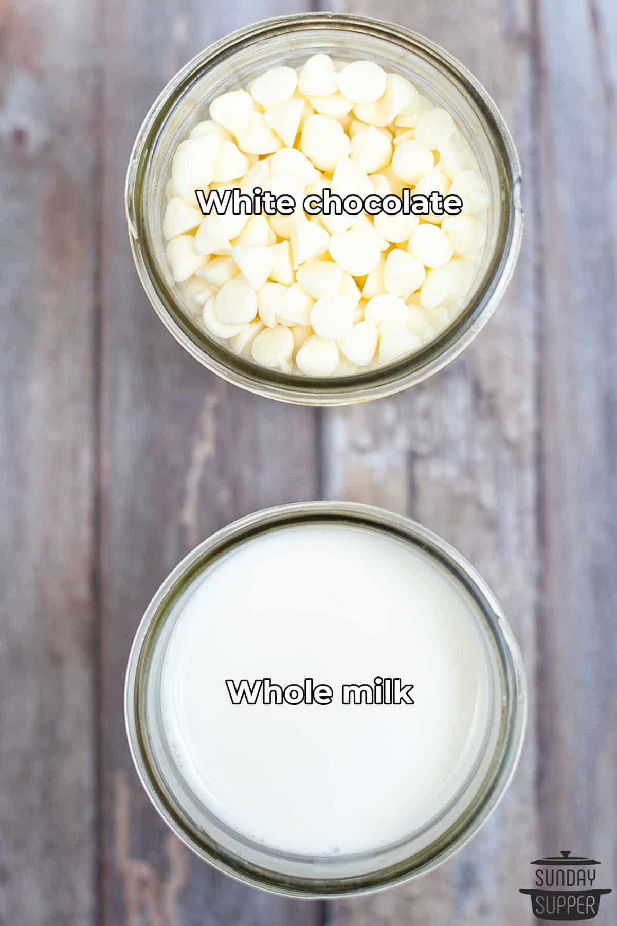 the ingredients for white chocolate sauce with labels
