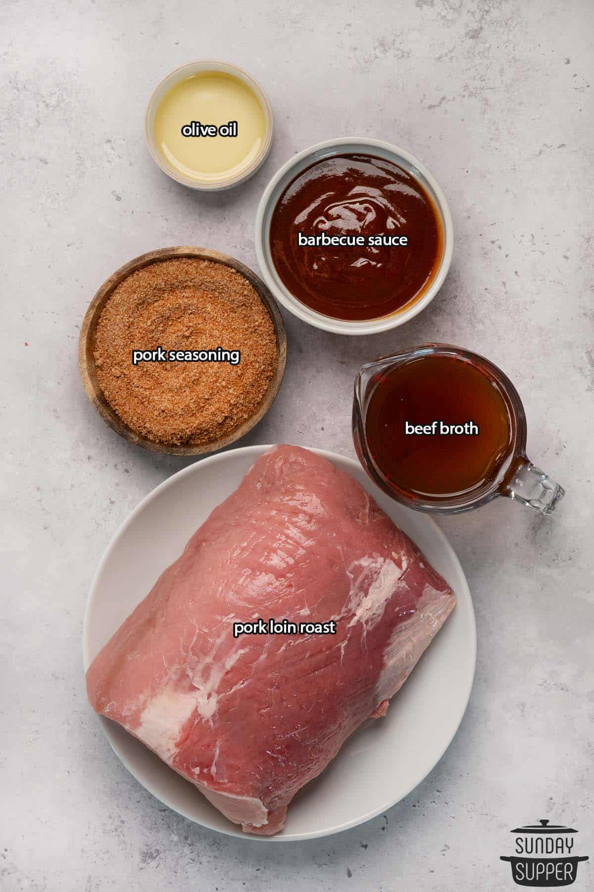 all the ingredients for instant pot pulled pork with labels