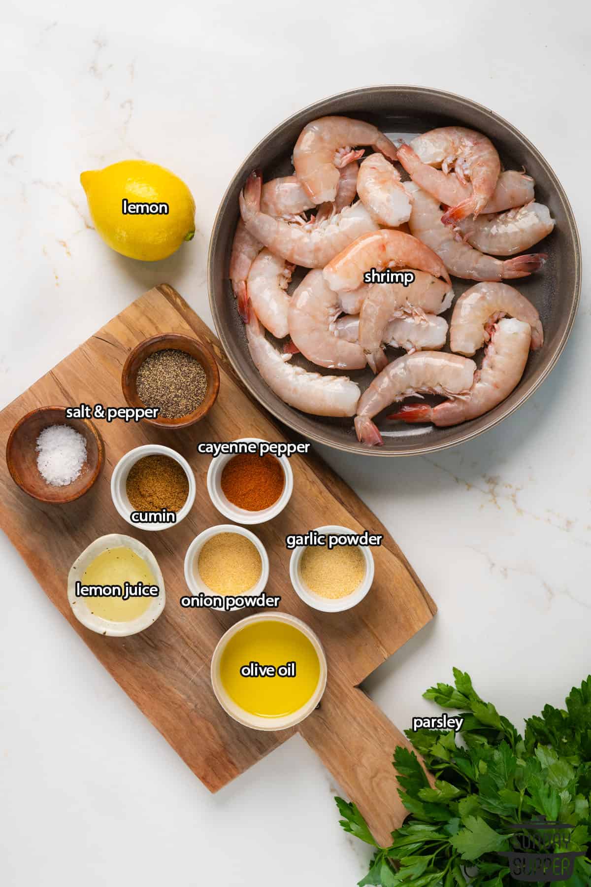 all the ingredients for grilled shrimp with labels