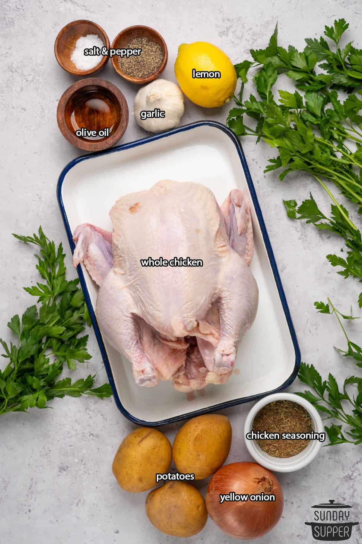 all the ingredients for roast chicken with labels