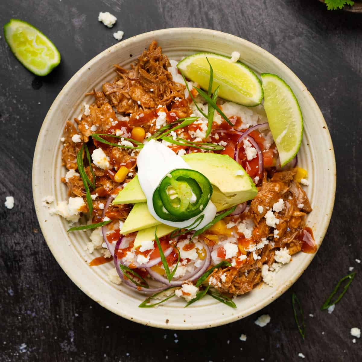 close up of pulled pork rice bowl