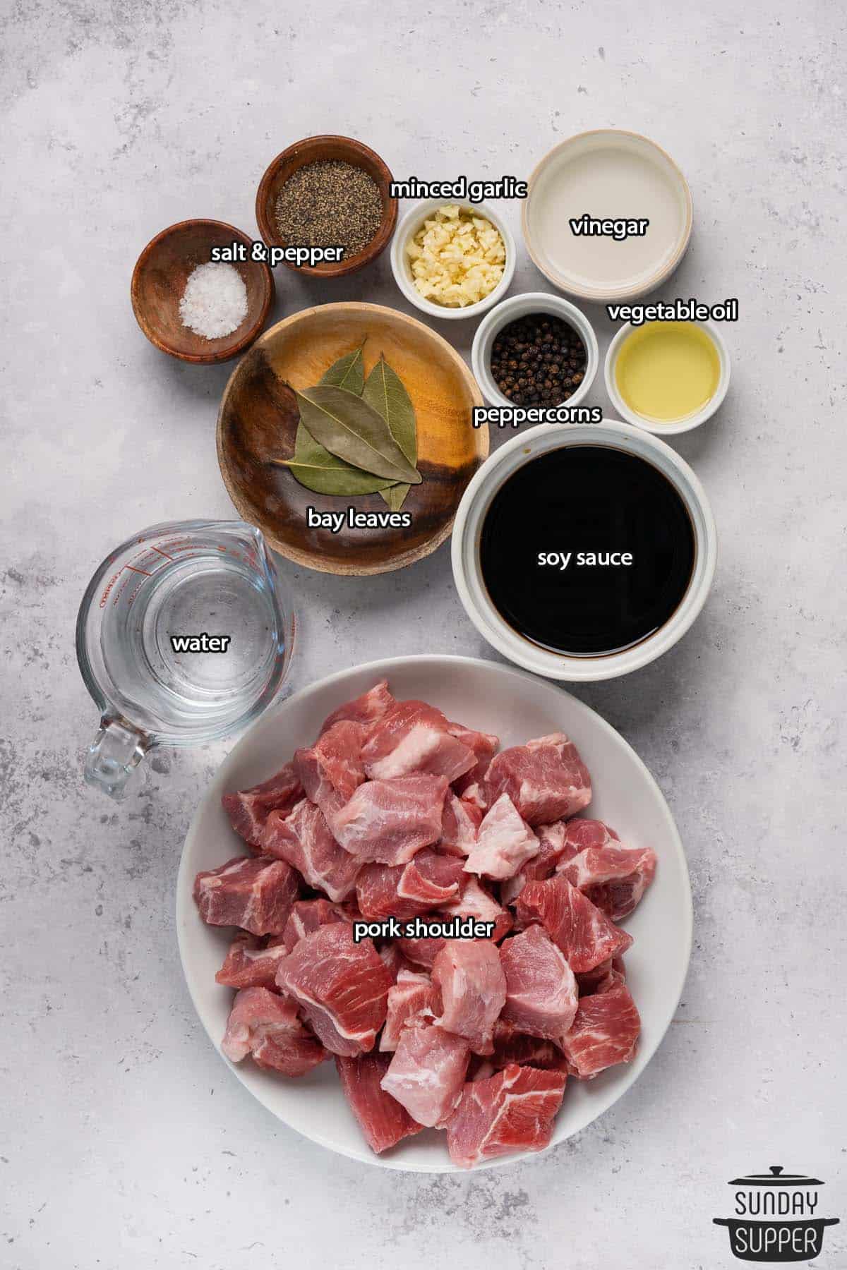 all the ingredients for filipino pork adobo