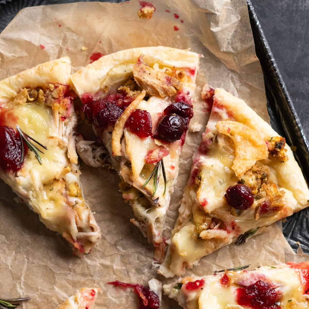 three slices of thanksgiving leftovers pizza on a tray