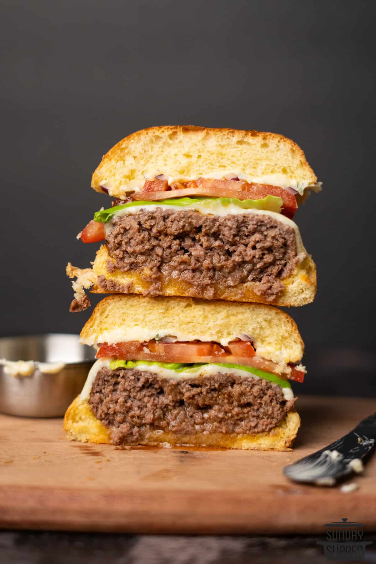 air fryer burger cut in half, stacked up