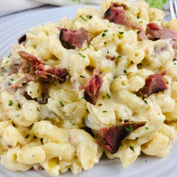 a closeup of a bowl of brisket macaroni and cheese