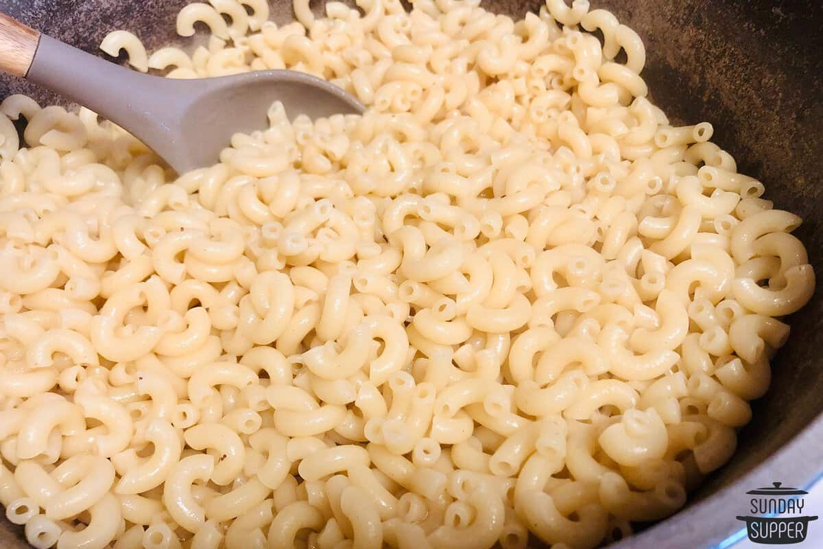 cooked macaroni noodles in a pot