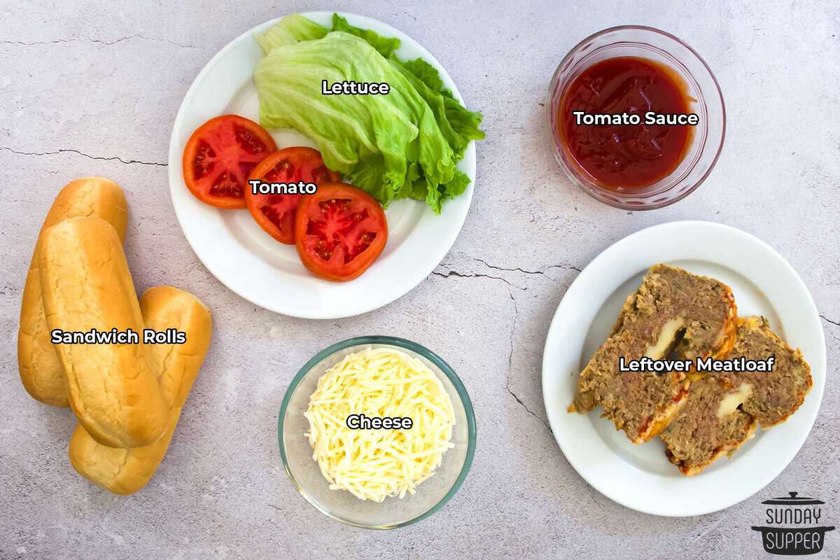 all the ingredients for meatloaf sandwiches with labels