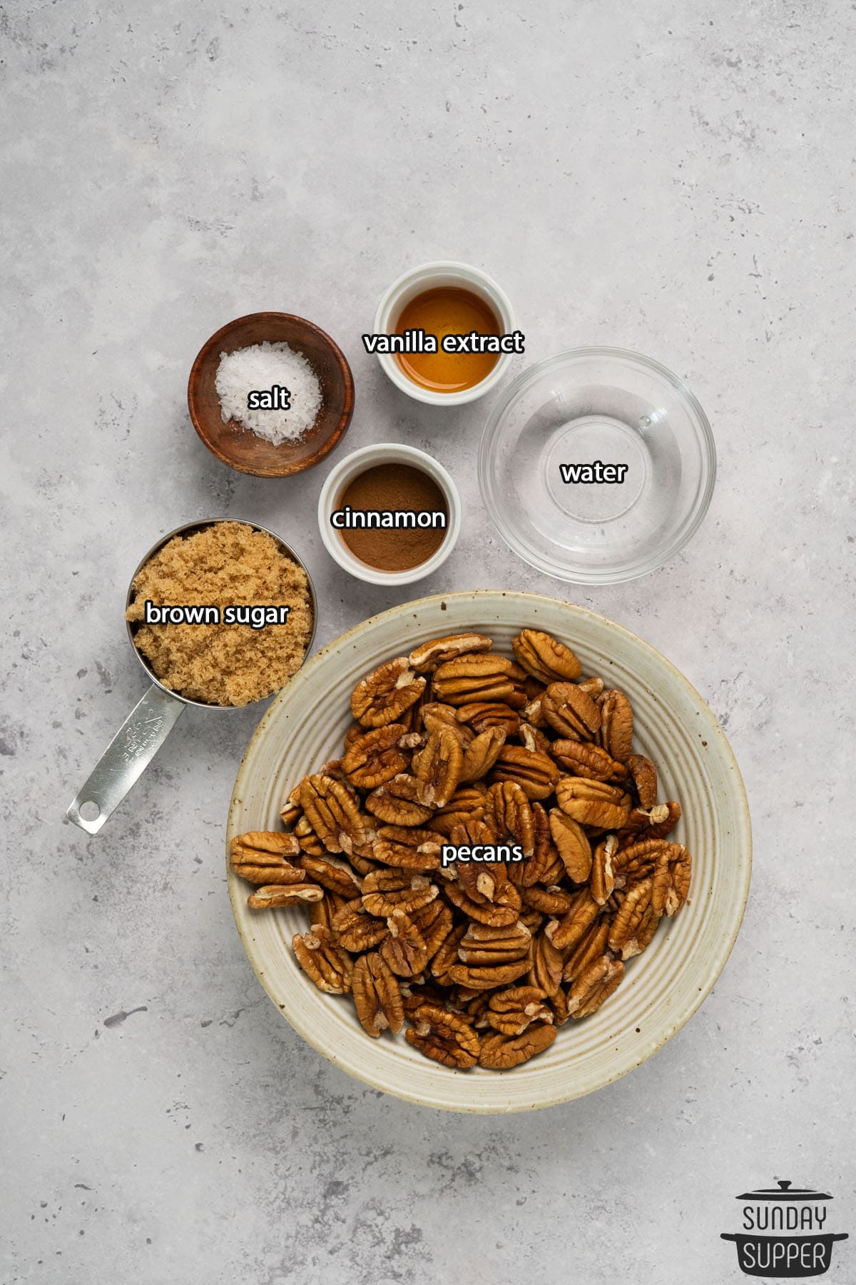 all the ingredients for candied pecans with labels