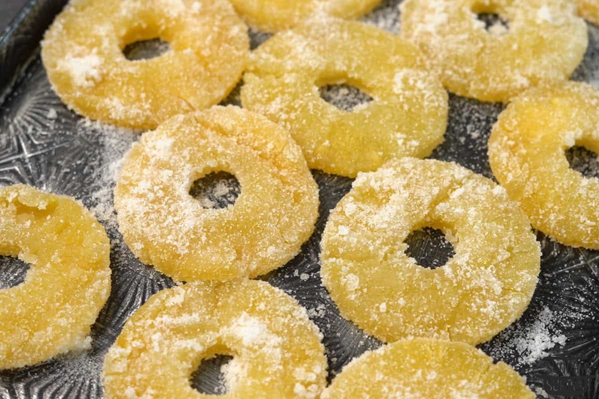 completed candied pineapple on a tray ready to eat