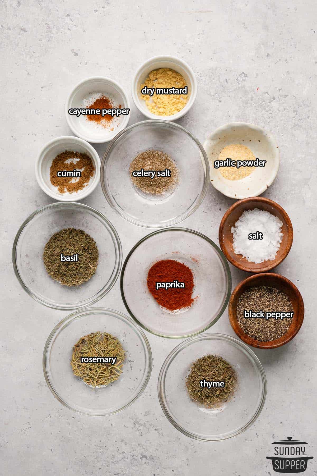 all the ingredients for chicken seasoning with labels