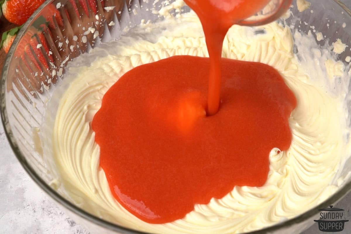 strawberry puree added to the cheesecake filling