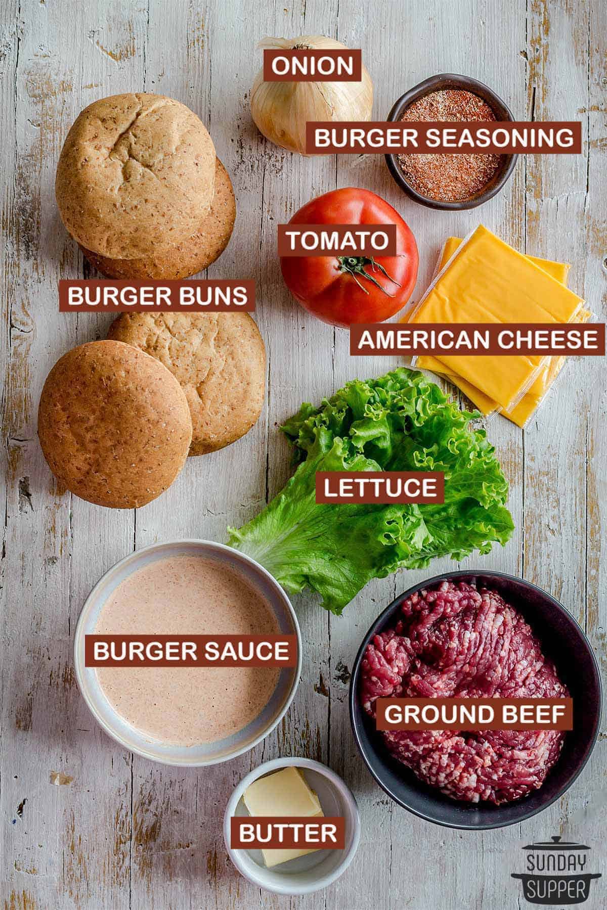 smash burger ingredients with labels