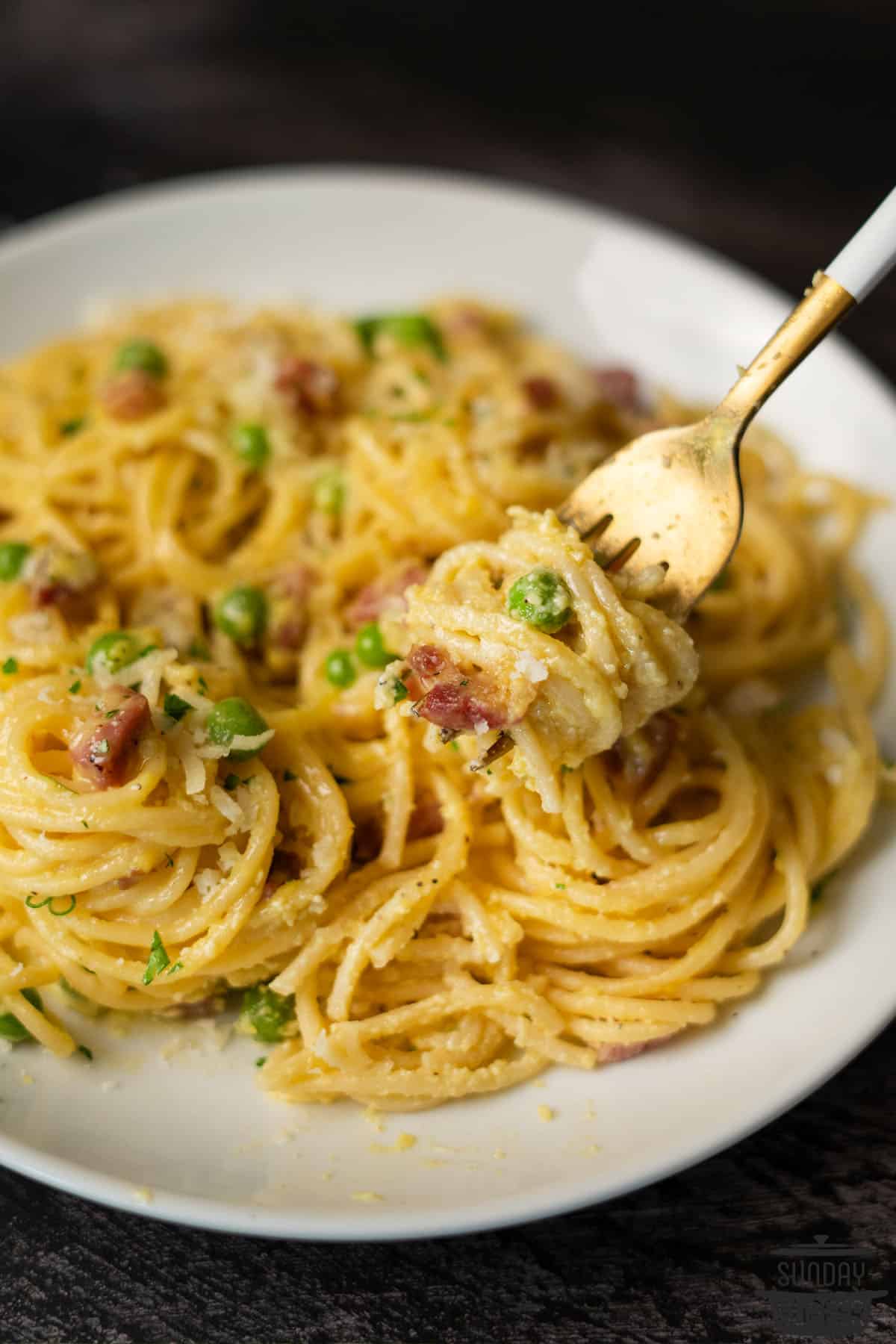spaghetti carbonara on a plate with a fork