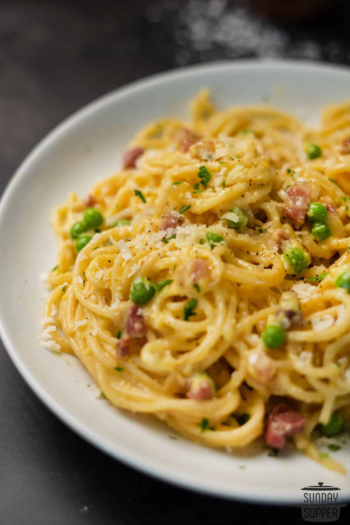 close up of spaghetti carbonara on a plate