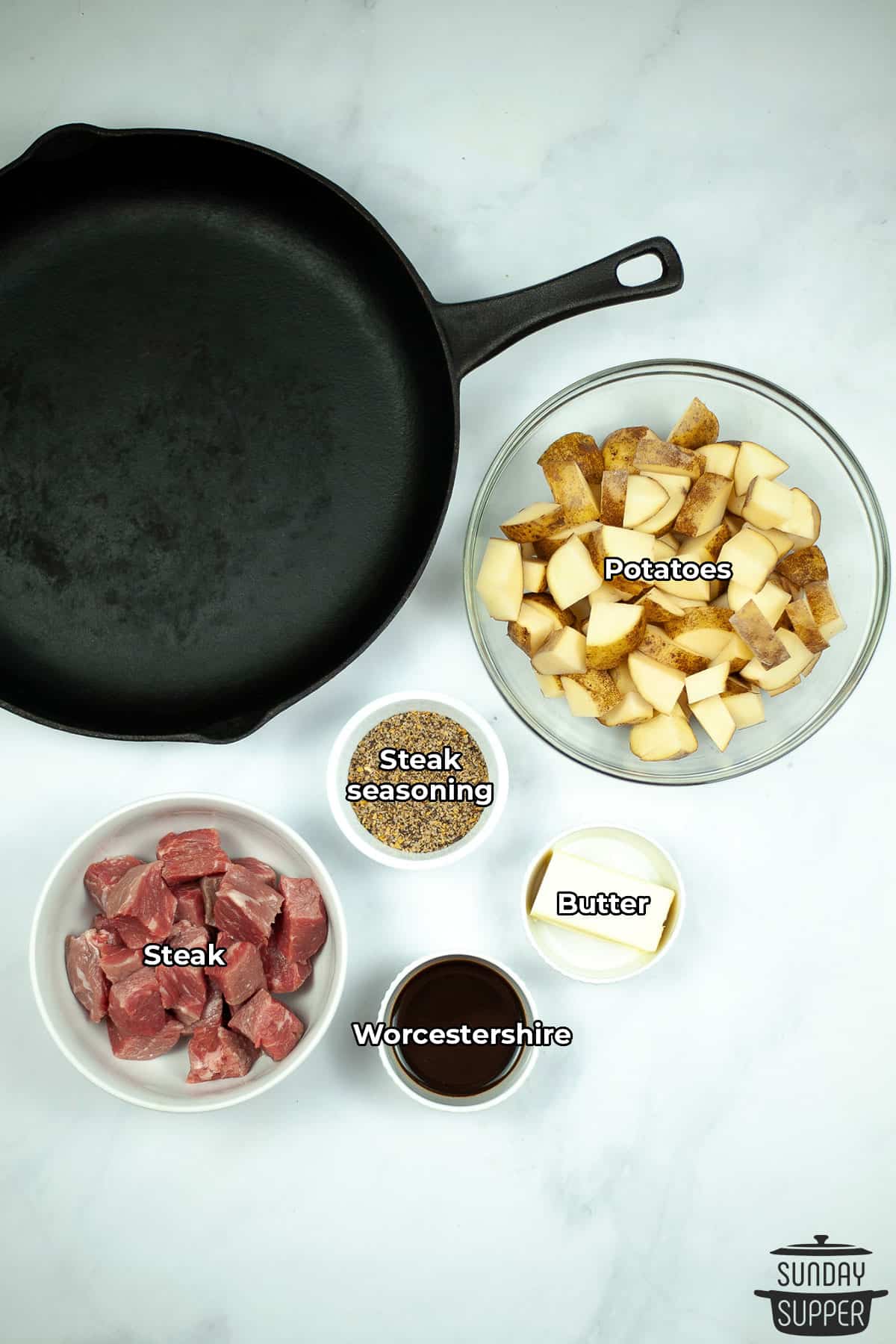 the ingredients for skillet steak and potatoes with labels