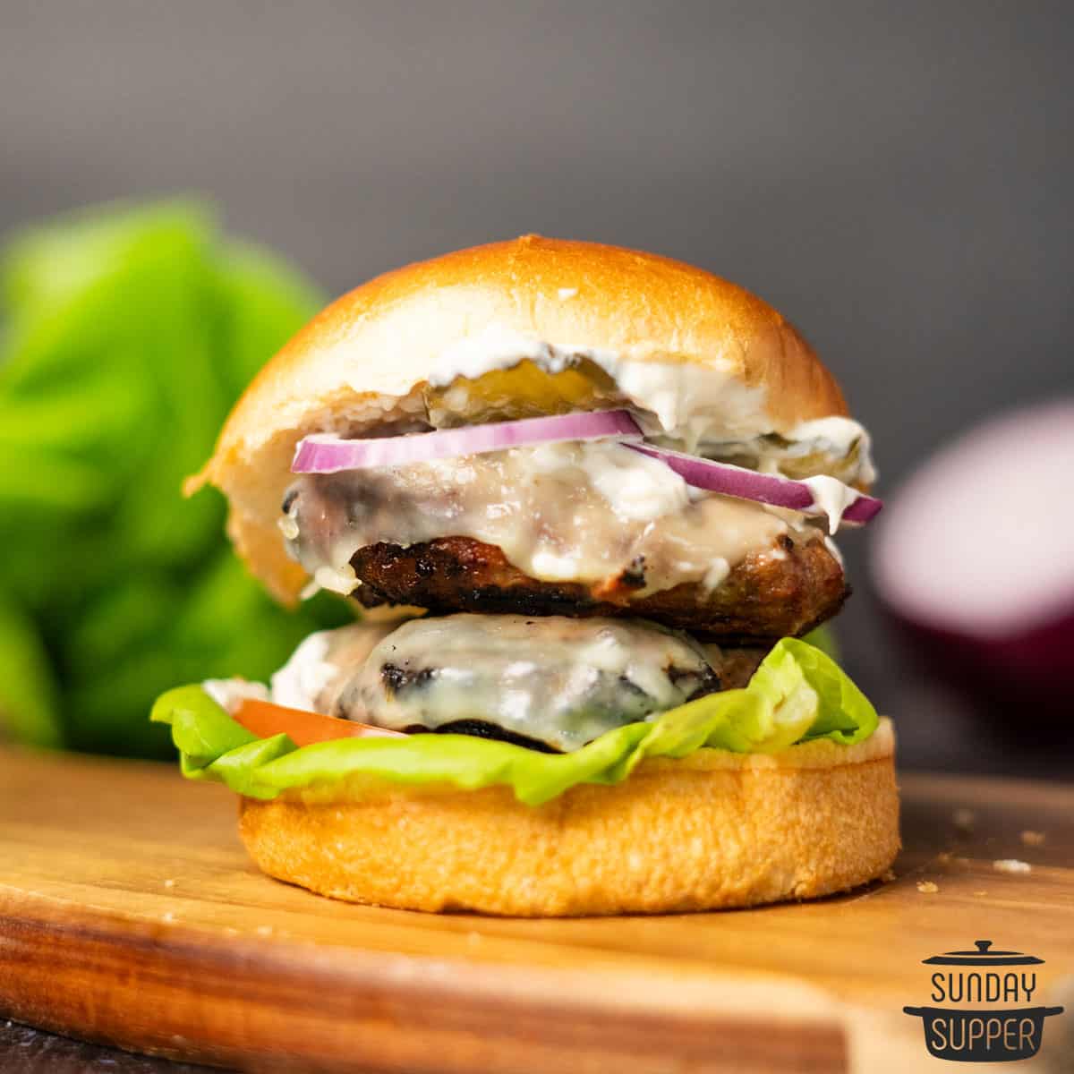 a double layer turkey burger with melted cheese