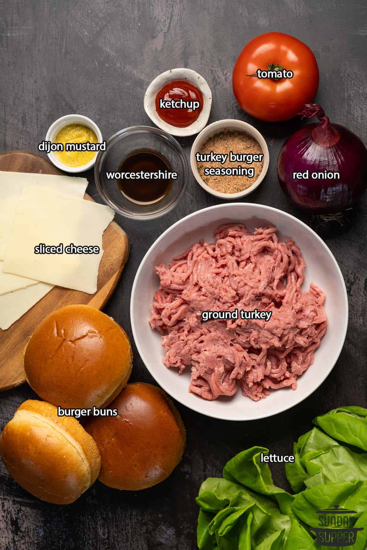 all the ingredients for turkey burgers with labels