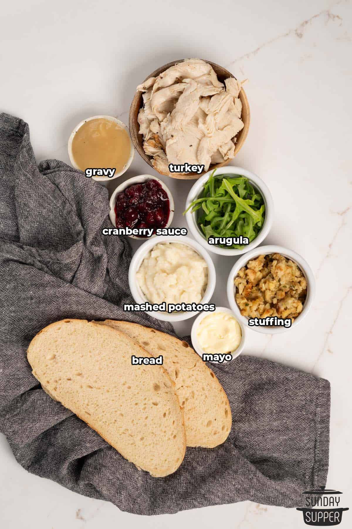 all the ingredients for a thanksgiving turkey sandwich with labels