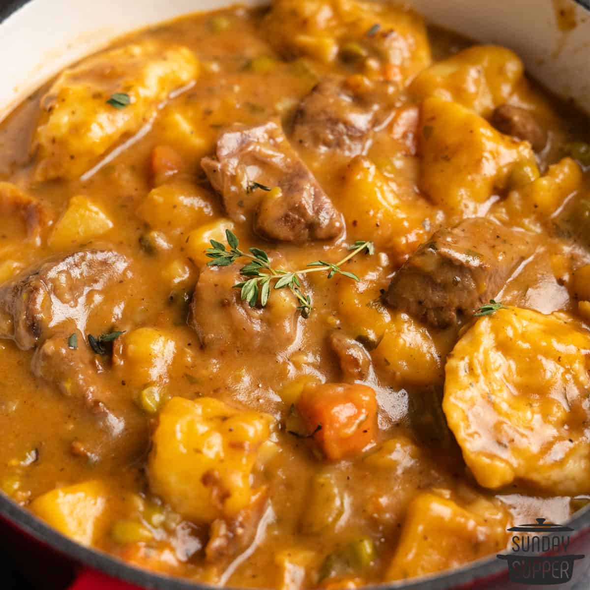 a closeup of a pot of beef stew