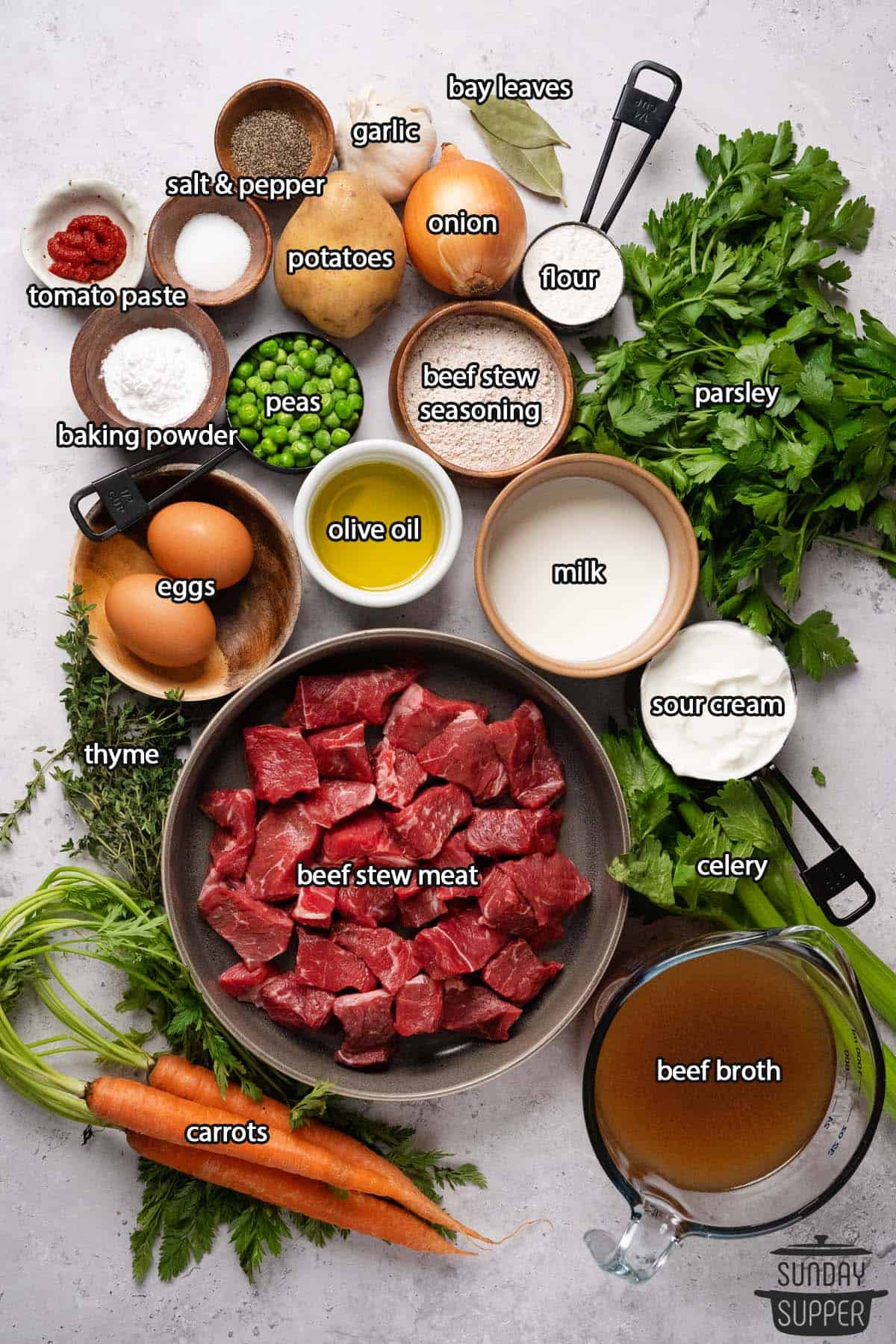 all the ingredients for beef stew with dumplings