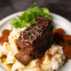 a short rib on a pile of mashed potatoes