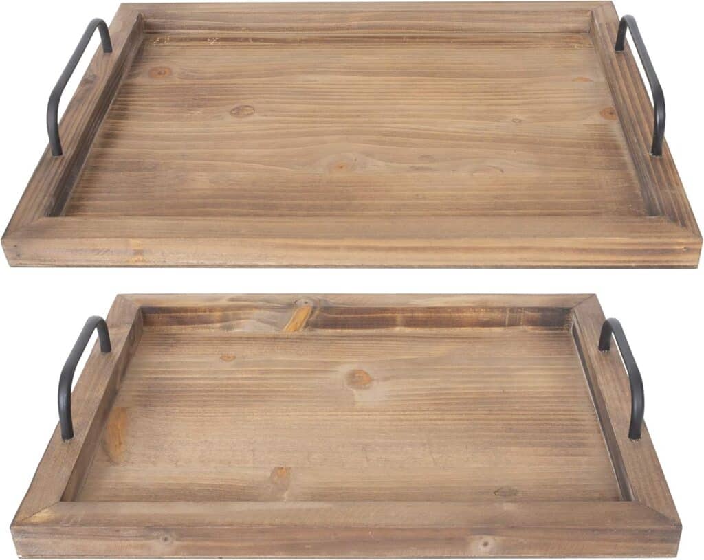 two nesting charcuterie boards, wood with rustic metal handles