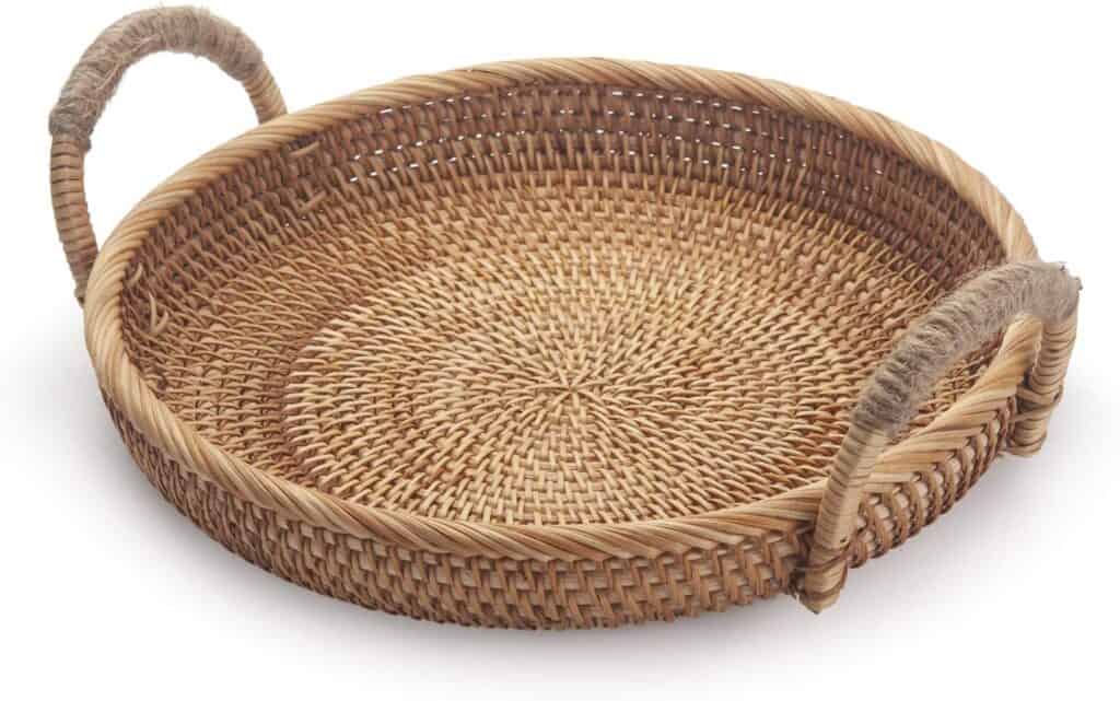 a round woven basket charcuterie board