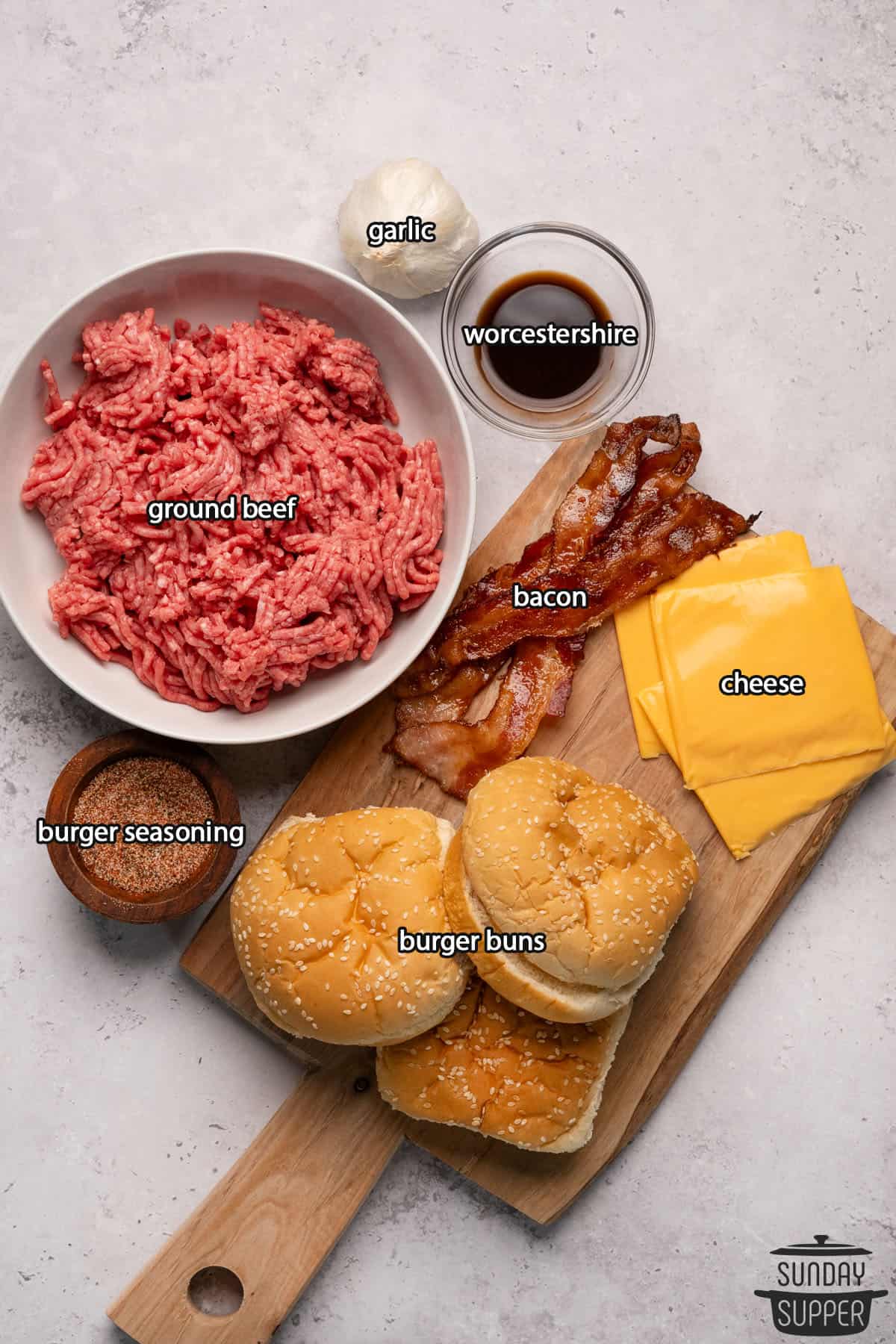 all the ingredients for juicy lucy burgers with labels